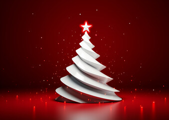 A white graphic  Christmas tree and star on a red background