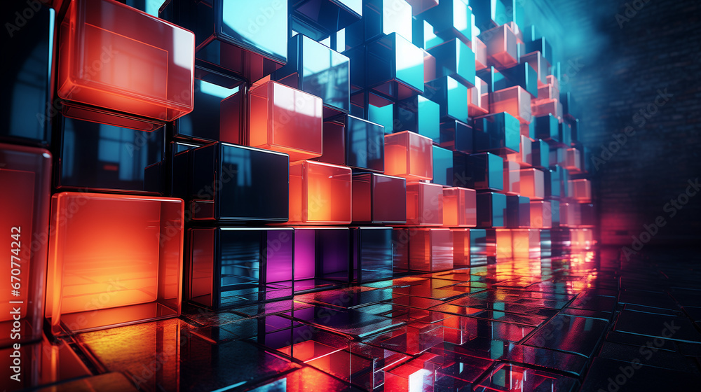 Wall mural a technology background with 3d neon cubes. generative ai.