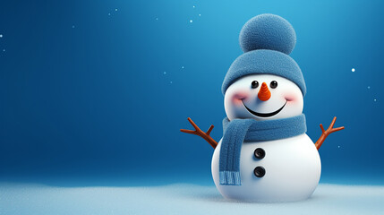 Fototapeta premium Cute 3D snowman on a blue background, Christmas