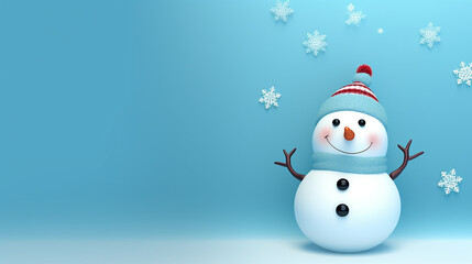 Fototapeta premium Cute 3D snowman on a blue background, Christmas