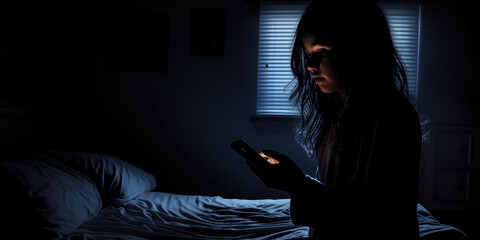 Young teenage girl looking at phone in creepy bedroom - obrazy, fototapety, plakaty