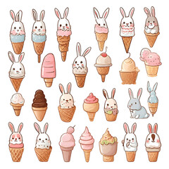 Adorable kiddy cartoon cute funny dessert pastries pastry, sweets cupcake lolly, cake, ice cream, muzzle with pink cheeks and winking eyes, Vector, collection set, generative AI