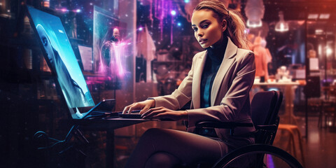 Disabled lady in wheelchair working in high-tech office - obrazy, fototapety, plakaty
