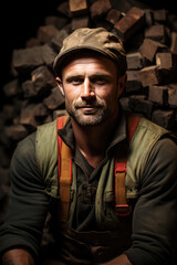 Boiler man in front of his wood pile