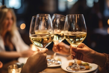 Obraz premium Hands of people with glasses of champagne, celebrating and toasting