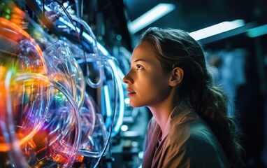 Researcher adjusting a particle accelerator in a high-tech laboratory - obrazy, fototapety, plakaty
