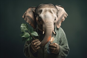 elephant holding a bulb as a concept of eco energy, concept of Sustainable lifestyle