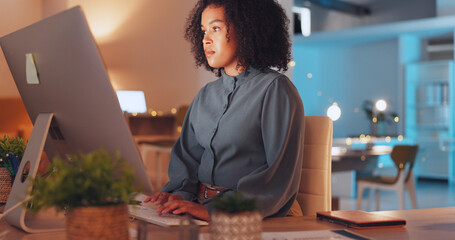 Research, computer and woman in office at night working on creative project with deadline. Reading,...