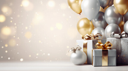 New year, Anniversary and Birthday party decoration, Party background, Colorful pastel balloons, confetti and gift boxes, Birthday card or backdrop, generative Ai