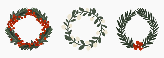 Set of minimalistic Christmas wreath illustrations in green, red and beige colors