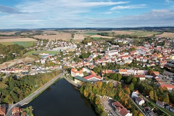 Fototapeta na wymiar Polna historical city center of Bohemian town with square,column and cathedral and Polna castle,aerial panorama landscape view,Czech republic,Europe