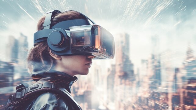 close up VR gamer and the beautiful sci-fi city, technology, headset, virtual, device, future, futuristic, modern, digital