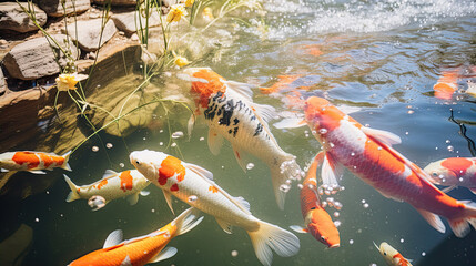 River pond decorative orange underwater fishes nishikigoi. Aquarium koi Asian Japanese wildlife...