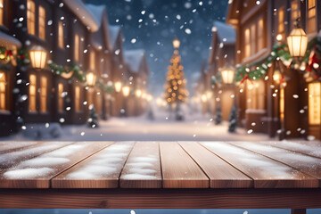 Empty wooden table top with blurry Christmas town and snowfall background. A lit Christmas tree is...