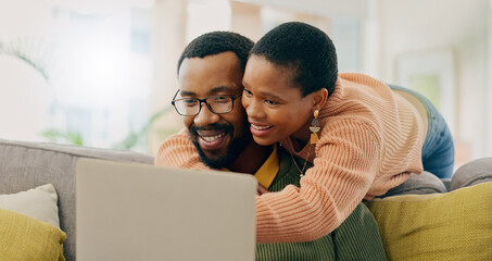 Home laptop, hug and black couple reading online shop deal, social network post or omnichannel website. Network connection, PC and African wife, husband or people search internet, web or media page - obrazy, fototapety, plakaty