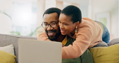 Foto op Canvas Home laptop, hug and black couple reading online shop deal, social network post or omnichannel website. Network connection, PC and African wife, husband or people search internet, web or media page © Wesley JvR/peopleimages.com
