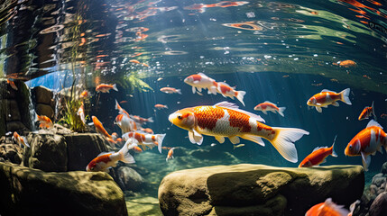 River pond decorative orange underwater fishes nishikigoi. Aquarium koi Asian Japanese wildlife...