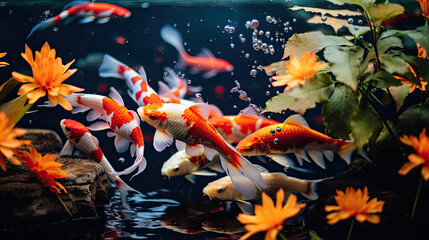 Fototapeta na wymiar River pond decorative orange underwater fishes nishikigoi. Aquarium koi Asian Japanese wildlife colorful landscape nature clear water photo