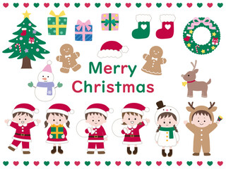 かわいい飾りと子供達のクリスマスイラストセット。ベクター、男の子、女の子、雪だるま、トナカイ
