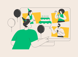 Online birthday party abstract concept vector illustration.