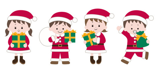 プレゼントを持った子供のイラスト。クリスマス、ベクター、サンタクロース、男の子、女の子