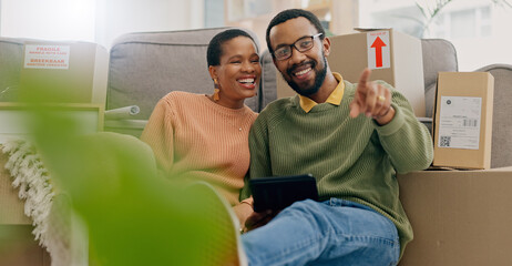 African couple, pointing and new home with tablet, boxes and thinking with discussion, decision and choice. Black woman, man and floor for planning, moving or chat for real estate, property or house - obrazy, fototapety, plakaty