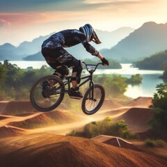 person jumping high on their bmx bike on the track generative ai - 670778030