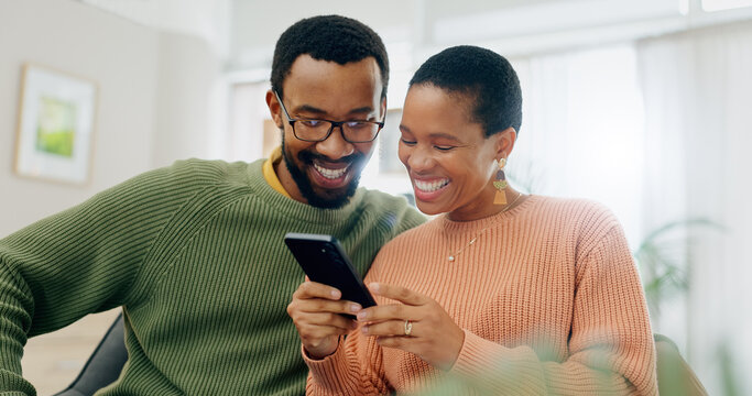 Happy, home phone and relax black couple reading, smile or watch social media video, blog or relationship news. Smartphone, mobile application and African man, woman or marriage people check web info