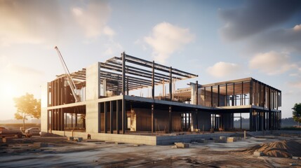 modern concrete and steel building construction site - obrazy, fototapety, plakaty