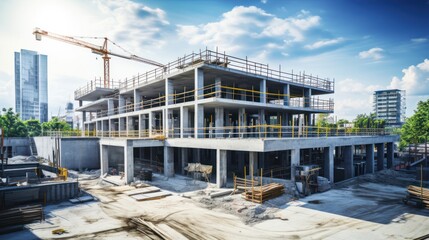 modern concrete and steel building construction site - obrazy, fototapety, plakaty