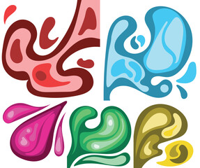 colorful chemistry liquid element, splashes collection with uneven fluid wavy edge. Paint spot, blot, rain puddle, stain with drops, blobs. Liquid watery graphic design elements, text backgrounds.