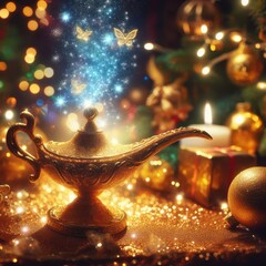 make a wish with the magical genie lamp at christmas time generative ai