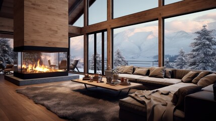 cozy warm home interior of a chic country chalet with a huge panoramic window