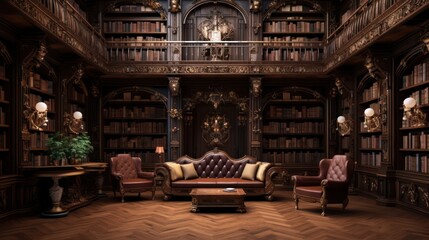 Huge antique library made of solid wood - obrazy, fototapety, plakaty