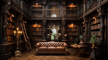 Huge antique library made of solid wood - obrazy, fototapety, plakaty