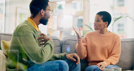 Conflict, conversation and a black couple with a fight in marriage for relationship stress or problem. House, communication and an African man and woman speaking about a divorce, breakup or mistake - obrazy, fototapety, plakaty
