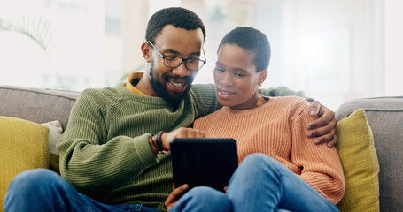Home, tablet and relax black couple reading online shopping news, social media post or relationship...