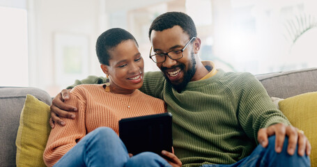 Happy, home tablet and relax black couple reading, smile or watch social media video, blog or...