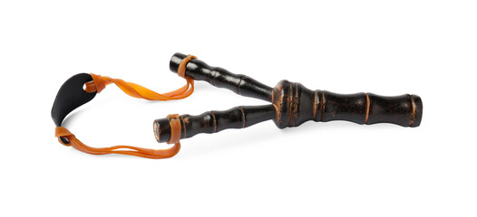 Black wooden slingshot with leather pouch on white background