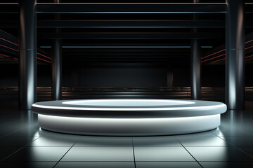 Ai Generative photo white light round podium and black background for mock up realistic image