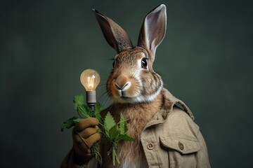 a hare holding a green plant and a bulb as a concept of green energy