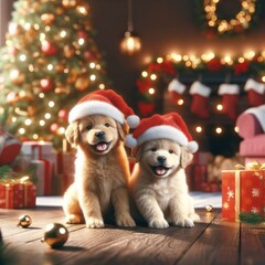 two cute puppy dogs wearing santa hats amongst the gifts at christmas time generative ai