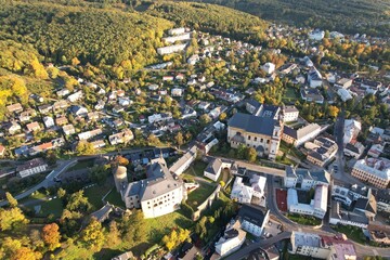 Moravsky Sternberk aerial panorama landscape view of old historical town, churches, cathedral and...