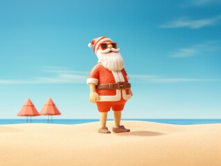 Santa Claus enjoying the warm weather and taking a beach walk. 3d style imitation. Summer Christmas mood. Copy space.