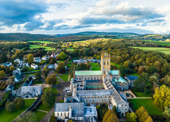 Buckfast Abbey and gardens from a drone, Buckfast, Totnes, Devon, England