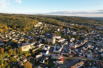 Moravsky Sternberk aerial panorama landscape view of old historical town, churches, cathedral and...