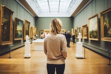 Back view of woman in Art Gallery Appreciating Artwork