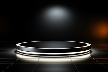 Ai Generative photo white light round podium and black background for mock up realistic image