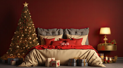 interior of bedroom with christmas tree. cozy bedroom decorated for christmas