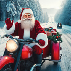happy santa claus on a red motorbike with gifts and presents in a trailer generative ai